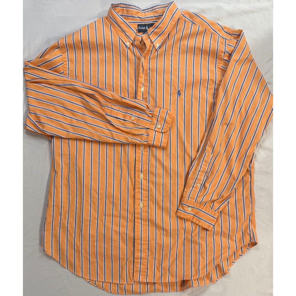 Ralph Lauren Classic Fit Orange Blue Striped Button Down Shirt Mens 18 34/35